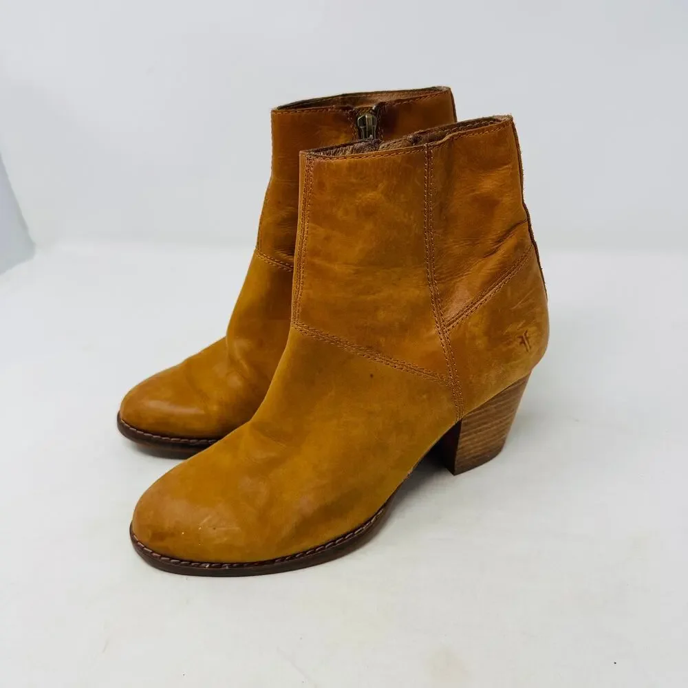 Frye Cara Short Ankle Boots Tan Leather Stacked Heel Western Style Size‎ 7M